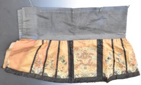 A 19thC Chinese shawl or coat skirt, with embroidery decoration of dragons and birds,  67 x 183cm