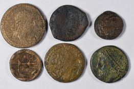 Six Greek bronze coins to include Aphrodisias, Imperial period, Cartia, Hispania Ulterior 200-300BC,