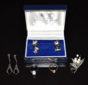 A 14ct ring set with a diamond (1.6g), silver ring and earrings and silver cufflinks in the form