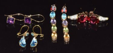 Four pairs of 9ct gold earrings set with amethyst, tourmaline and diamonds, citrine, peridot,