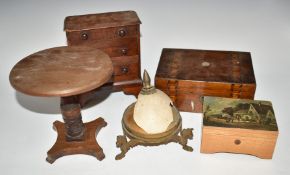 Apprentice mahogany breakfast table and chest of drawers, Thorens Swiss musical box and gilt ostrich