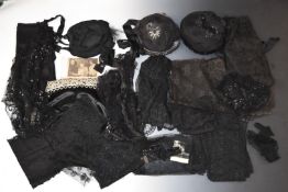 Collection of Victorian black lace including a scarf and three hats