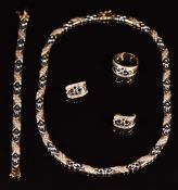 A suite of 14ct bi-coloured gold jewellery comprising necklace, ring, bracelet and earrings set with