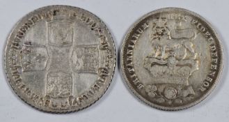1758 George II shilling VF+ together with a 1826 George IV example, F+ -VF