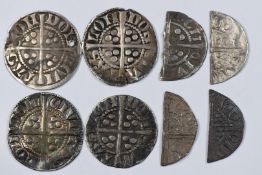 Edward I 1272-1307, four hammered silver pennies (one pierced) together with four cut halfpennies
