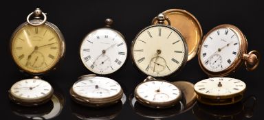 Eight silver, gold plated and similar pocket watches including Waltham keyless winding full