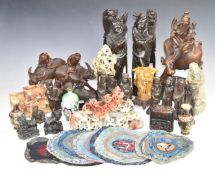 A pair of Chinese hardwood figures with inlaid silver wire, a pair of Chinese carved hardwood