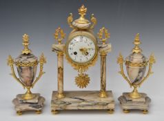 French ormolu and marble mantel clock garniture, the two train movement striking on a bell, H38cm
