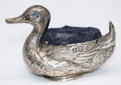 Edward VII hallmarked silver novelty pin cushion formed as a duck emerging from an egg, Birmingham