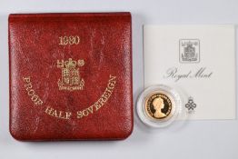 1980 QEII second head proof gold half sovereign, shield reverse, cased with certificate