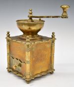 Brass coffee grinder with drawer below, the corners formed as turned columns, H23cm