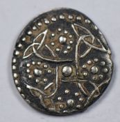 Anglo Saxon secondary phase silver sceatta, 710-60AD, rev: Triquetas, obv: man standing holding