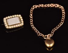A 9ct gold child's bracelet with heart charm and Victorian mourning brooch set with seed pearls,