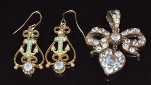 Victorian brooch set with paste and saphiret in the form of a heart and bow, together with a pair of
