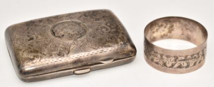 Hallmarked silver cigarette case and a hallmarked silver napkin ring, weight 85g, together with a