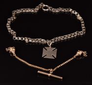 Victorian 9ct gold T-bar with two tassel charms and a Victorian silver necklace with Maltese cross