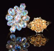 Two 9ct gold rings, one set with tourmaline the other topaz, 6.8g, sizes P & N