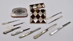 Mother of pearl purse, mother of pearl and tortoiseshell card case, length 10.5cm, mother of pearl