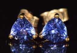 A pair of 9ct gold earrings set with trilliant cut tanzanites, each approximately 0.5ct, 1g