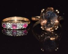 A 9ct gold ring set with quartz (size O) and a 9ct gold ring set with rubies and diamonds, size J,