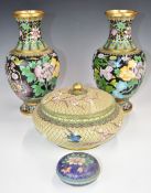 Pair of Chinese cloisonné vases (H26cm), large covered pedestal dish (H13 x diameter 21cm) and a