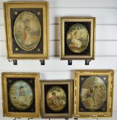 Set of five early 19thC embroideries, most likely by the same hand, depicting figures harvesting,
