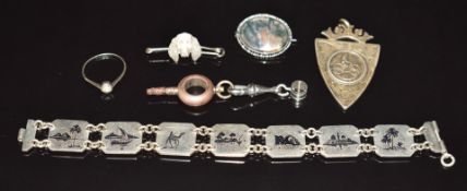 Silver cycling fob, Birmingham 1899, Niello silver bracelet and moss agate brooch, stick pin, silver