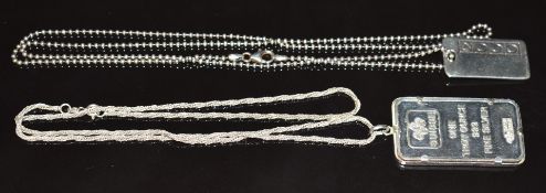 Suisse one Troy ounce 999 silver ingot on silver chain and a 2000 silver ingot on silver chain