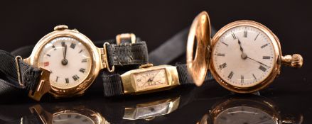 Three ladies watches comprising a 14kct gold keyless winding half hunter pocket watch, a 9ct gold
