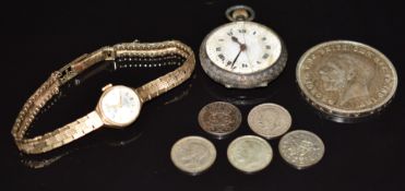9ct gold ladies wristwatch (14g), silver pocket watch, 1935 'rocking horse' crown etc
