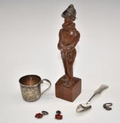 Silver ring formed as a dolphin, continental silver spoon, continental silver cup, pair of cufflinks