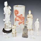 Chinese blanc de Chine figures, brush pot with Dog of Fo decoration and character marks and a