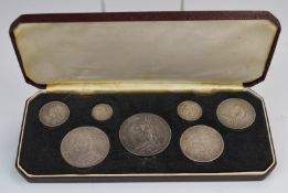 Cased set of seven Victorian 1887 Jubilee specimen coins, comprising crown down to 3d, in fitted