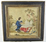 18th/19thC tapestry depicting a lady and gentleman courting in a garden with country house beyond,