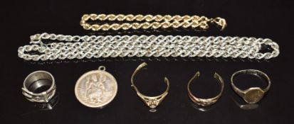 Two sections of 9ct gold rings (4.1g), silver necklace, silver St Christopher, two silver rings