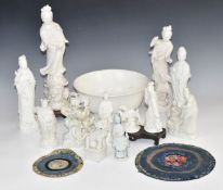 Chinese 20thC porcelain blanc de Chine figures and pedestal bowls, tallest on stand 39cm
