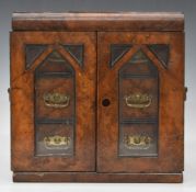 19thC burr walnut collector's cabinet, the double glazed doors opening to reveal four drawers with