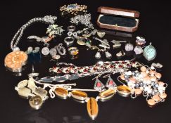 A collection of jewellery including 9ct white gold earrings (0.8g), silver necklaces, earrings and
