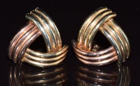 A pair of 9ct gold tri-coloured earrings, 2g