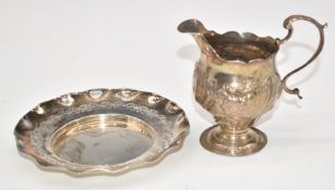 Georgian hallmarked silver jug with embossed decoration, London 1756, maker's mark indistinct,