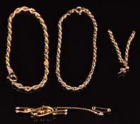 Two 9ct gold rose twist bracelets, pair of 9ct gold earrings (7.1g) and a 15ct gold brooch 2.7g,