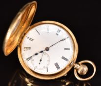 Unnamed 18ct gold keyless winding half hunter pocket watch with inset subsidiary seconds dial, blued