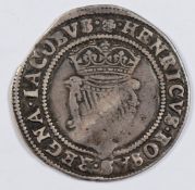 1603-25 James I Irish silver shilling, issue two, GF