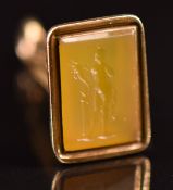 Victorian yellow metal intaglio seal set with carved agate depicting Cupid, 7.3g