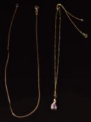 Two 9ct gold necklaces / chains and a 9ct gold pendant set with an amethyst and diamonds, 2.8g, 39cm