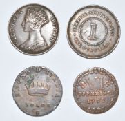 Four coins comprising Napoleon 1809 Italy, one soldo, B mint mark, together with an 1865 Victorian