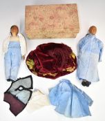 Two Chinese dolls and a smokers hat, tallest 28cm