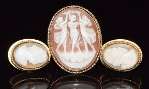 A 9ct gold ring set with a cameo depicting the Three Graces (6.7g) and a pair of cameo earrings