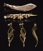 Edwardian brooch set with seed pearls, pair of 9ct gold earrings, 9ct gold kukri brooch and a 9ct
