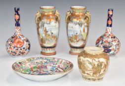 19thC Chinese famille rose dish decorated with a court scene, a pair of Japanese Satsuma vases